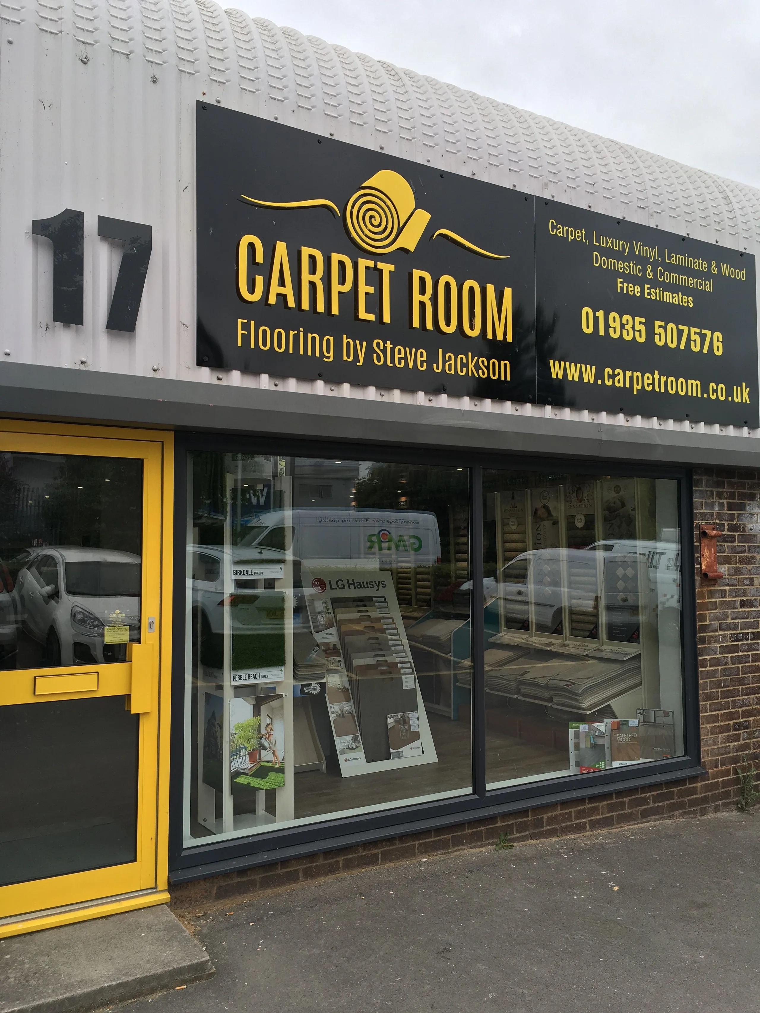 Carpet Room storefront and signage on the Lynx West Trading Estate in Yeovil